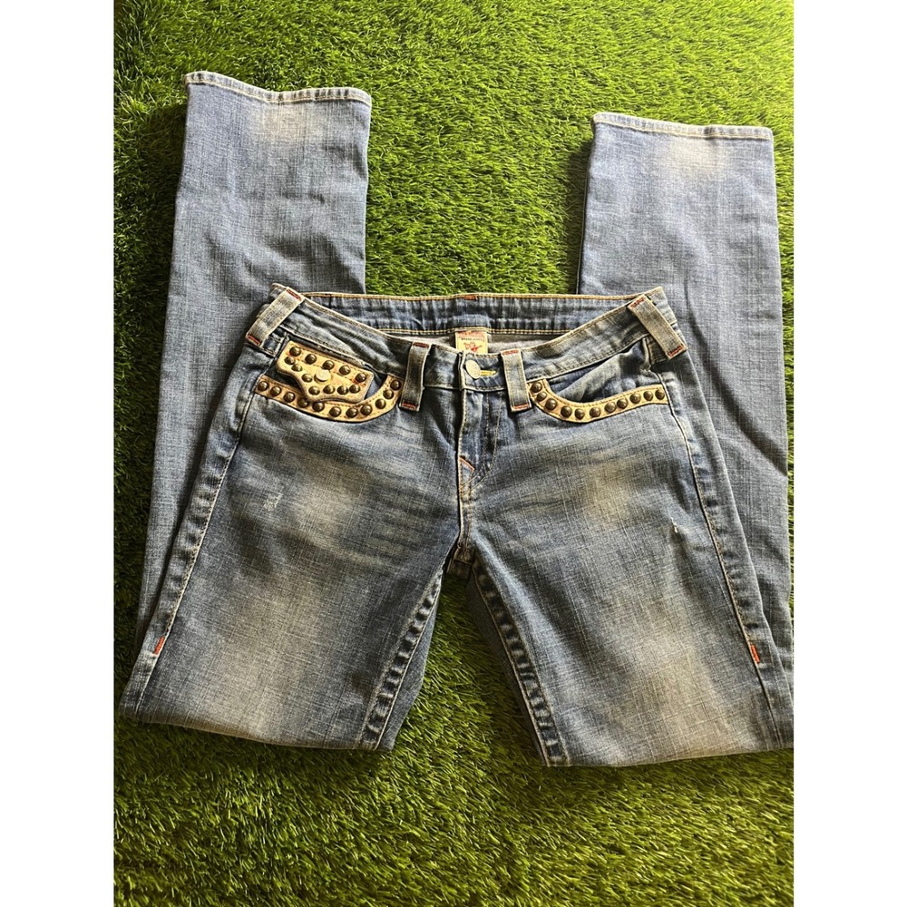 True Religion Billy Studded Leather Flap Jeans Distressed Blue Denim Size 30